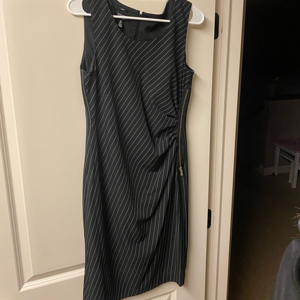 Black pinstripe dress with side zip
